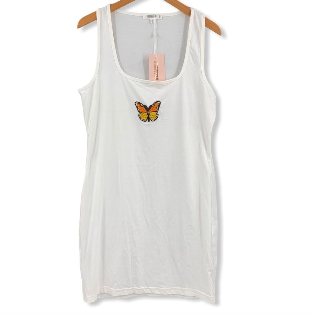 Missguided Tank Mini Dress White‎ with Butterfly 14 New